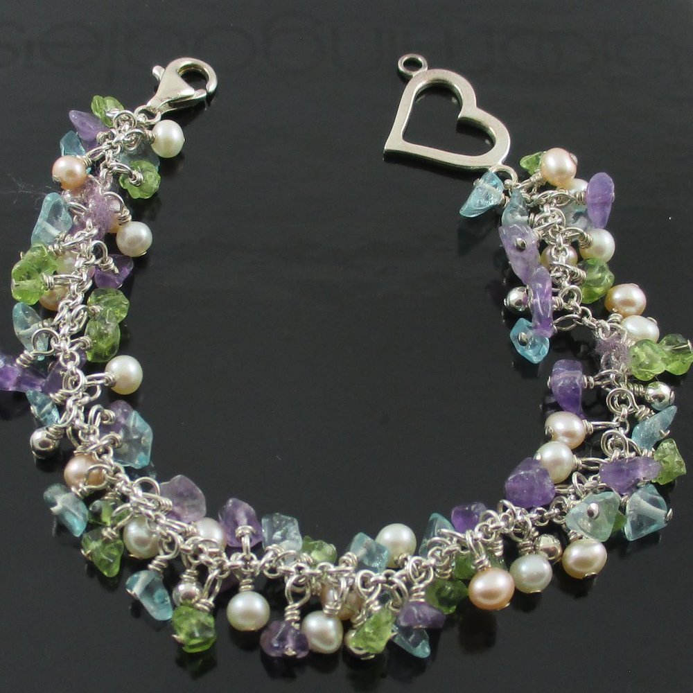 Sterling Silver Pearl & Multi-Color Gems Bracelet
